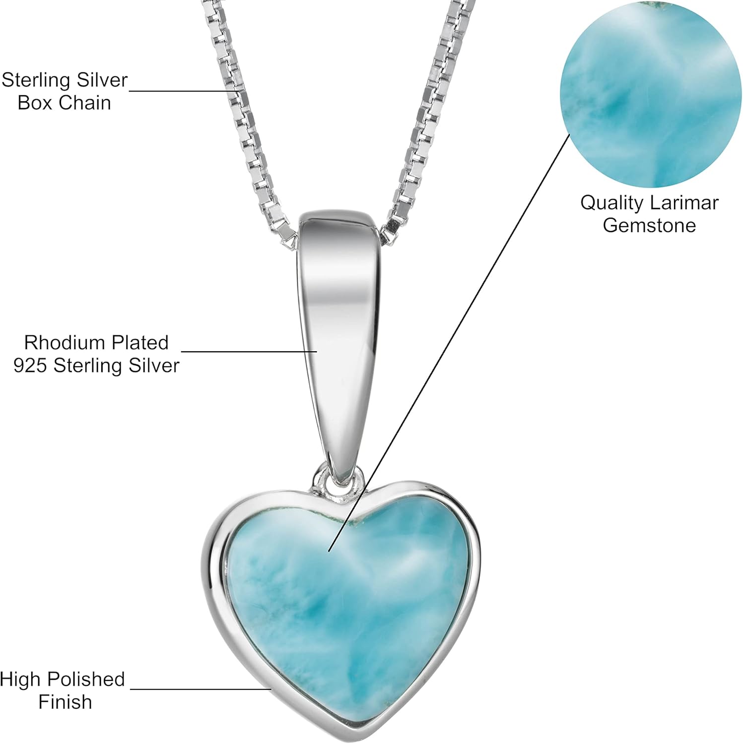 925 Sterling Silver Natural Larimar Heart Pendant Necklace Pendant with 18" Box Chain AAA Cubic Zirconia, Nickle Free Hypoallergenic for Sensitive Skin, Gift Box Included