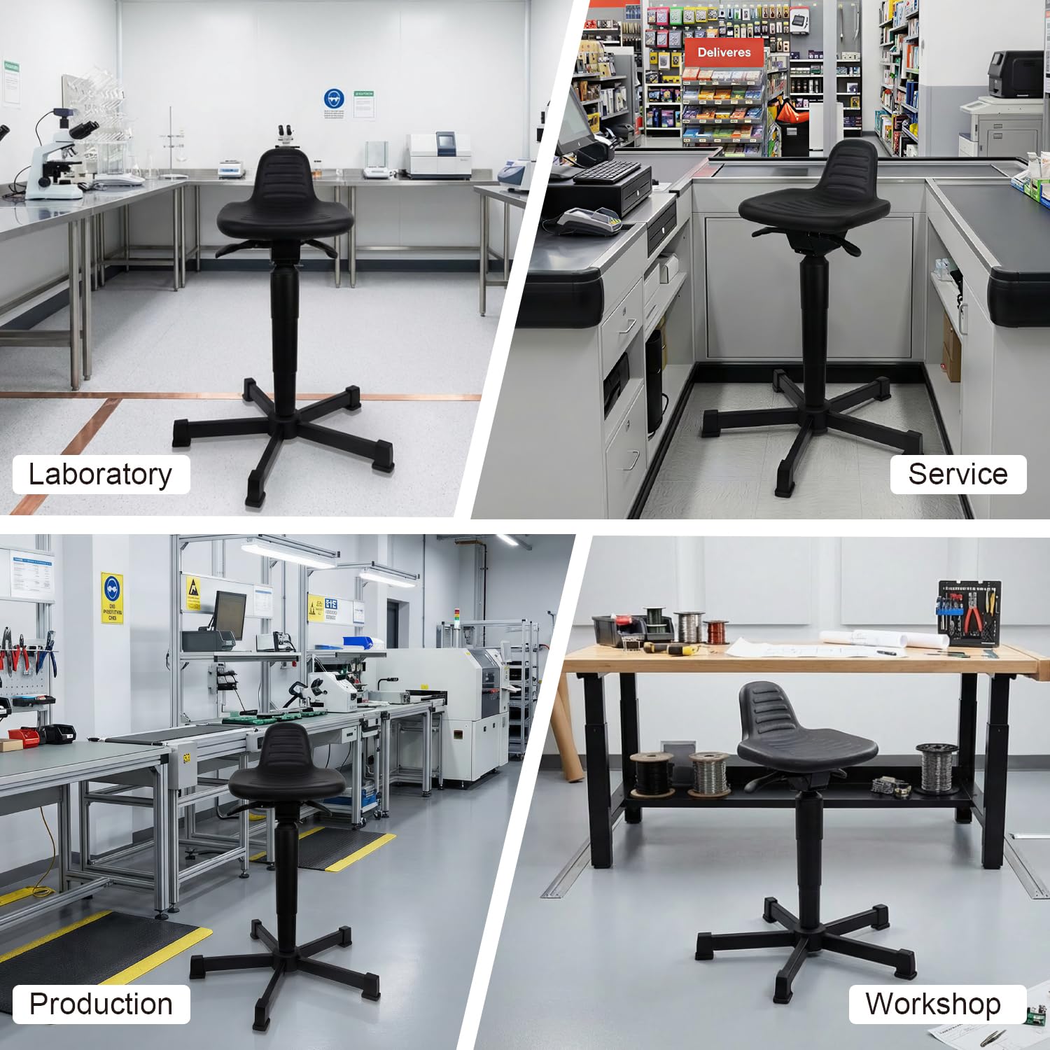Stehhilfe ergonomisch, höhenverstellbarer Arbeitsstuhl 43-64 cm, Industrie Stehhocker mit PU-Sitzfläche, durchstichfest & leicht zu reinigen, für Büro, Labor & Produktion