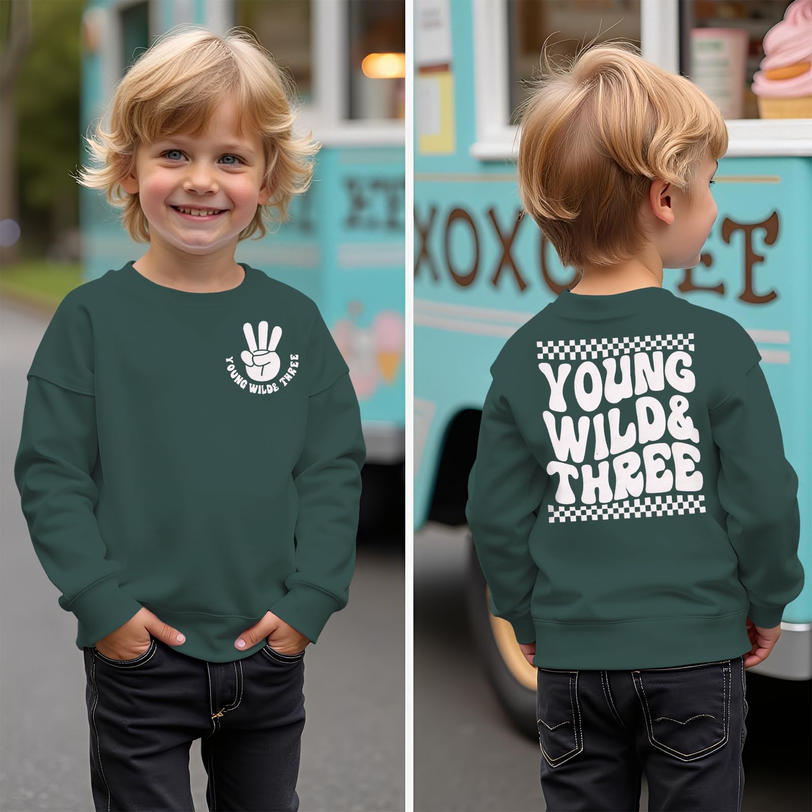 BOUTIKOME 3. Geburtstag Jungen Sweatshirt Young WILD&Three Drucken Pullover Geschwister Kinder Langarmshirt Baby Outfits Dritten Geburtstags Pulli Herbst Winter Babykleidung