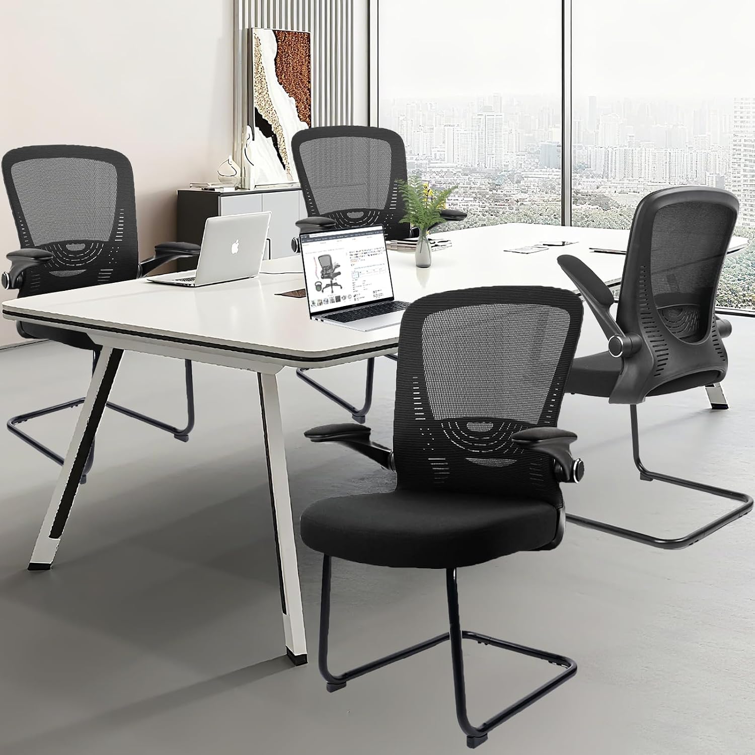 CLATINA Office Guest Chair no Wheels with Lumbar Support and Flip-up Armrest Mid Back Mesh Space Air Grid Series Sled Base for Reception Conference Room Black Set of 8