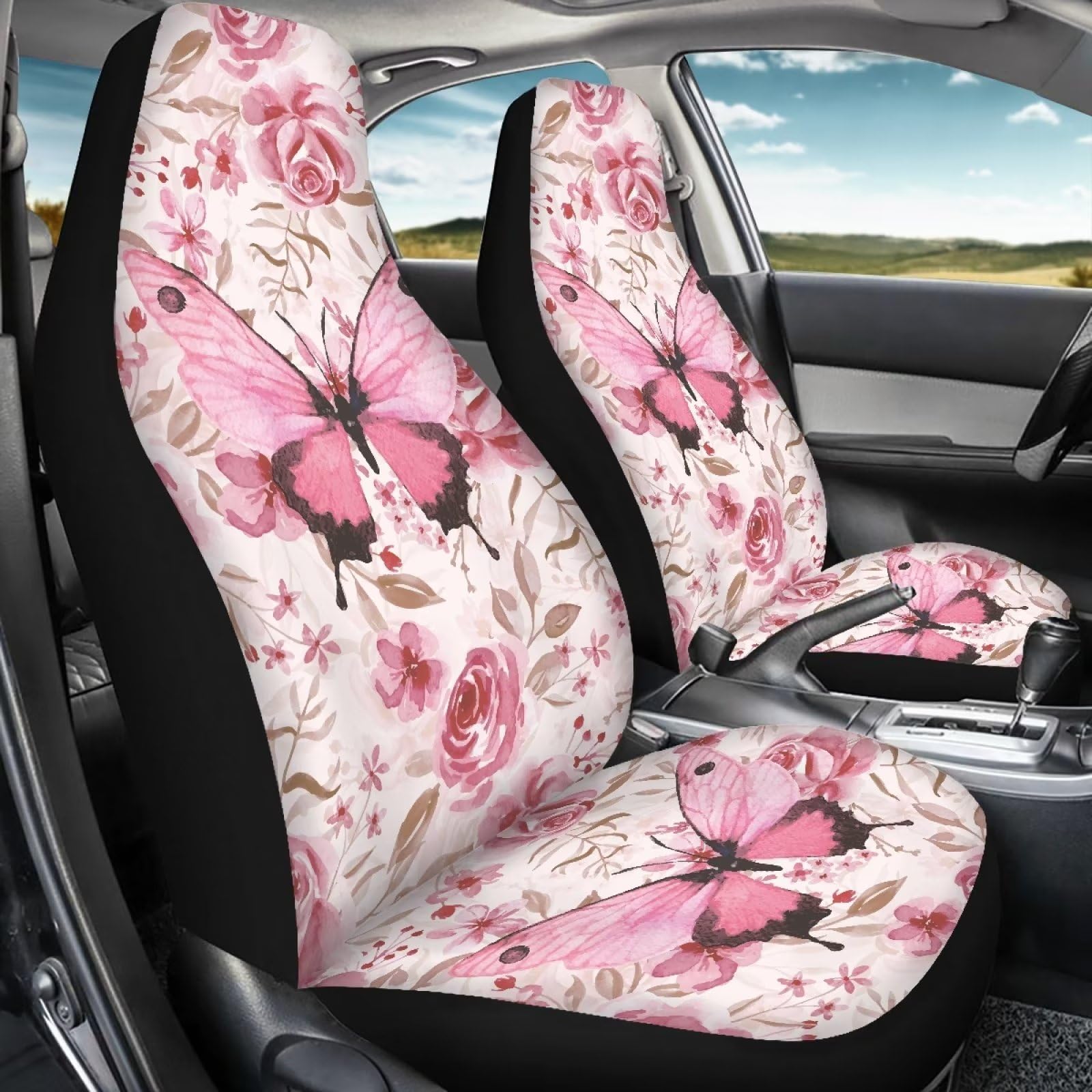 Xoenoiee Pink Butterfly Floral Car Seat Covers - 2 Piece Front Set, Anti-Slip Polyester