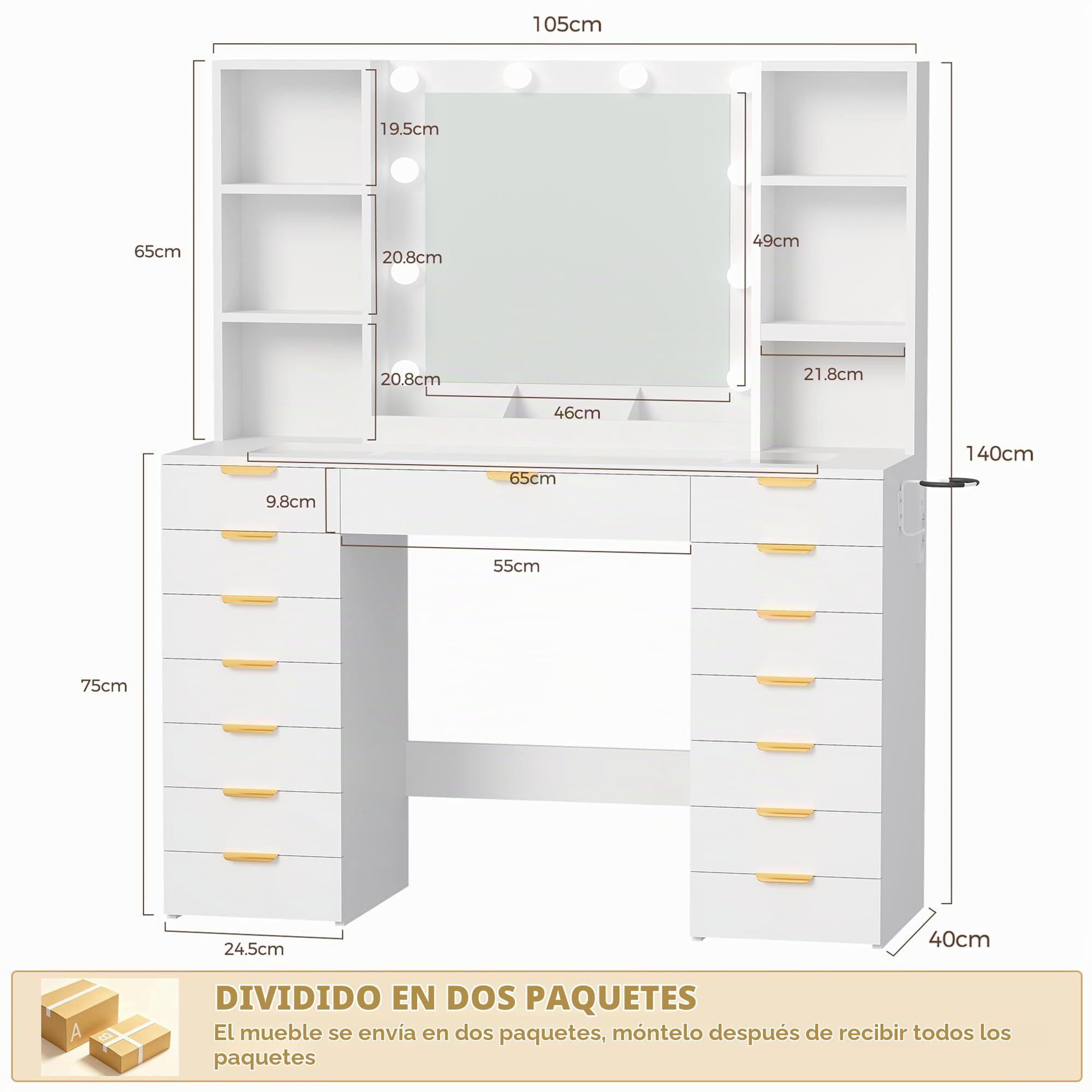 Grande Tocador de Maquillaje con Luz LED y Espejo,Vidrio,Enchufes