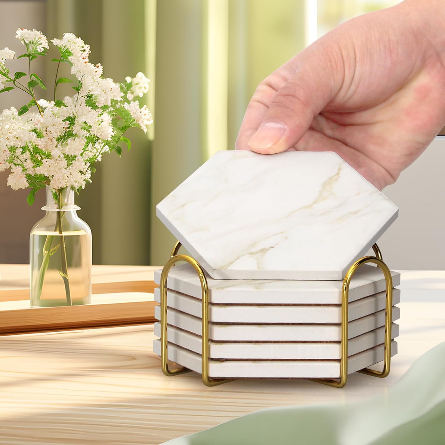 6Pcs White Marble Coaster Set with Holder Hexagon Ceramic Coasters Absorbent Coasters Drink Coasters Set for Coffee Table Bar Coasters Wine Coasters Modern Coasters Beer Coasters Cup Coasters - Image 3