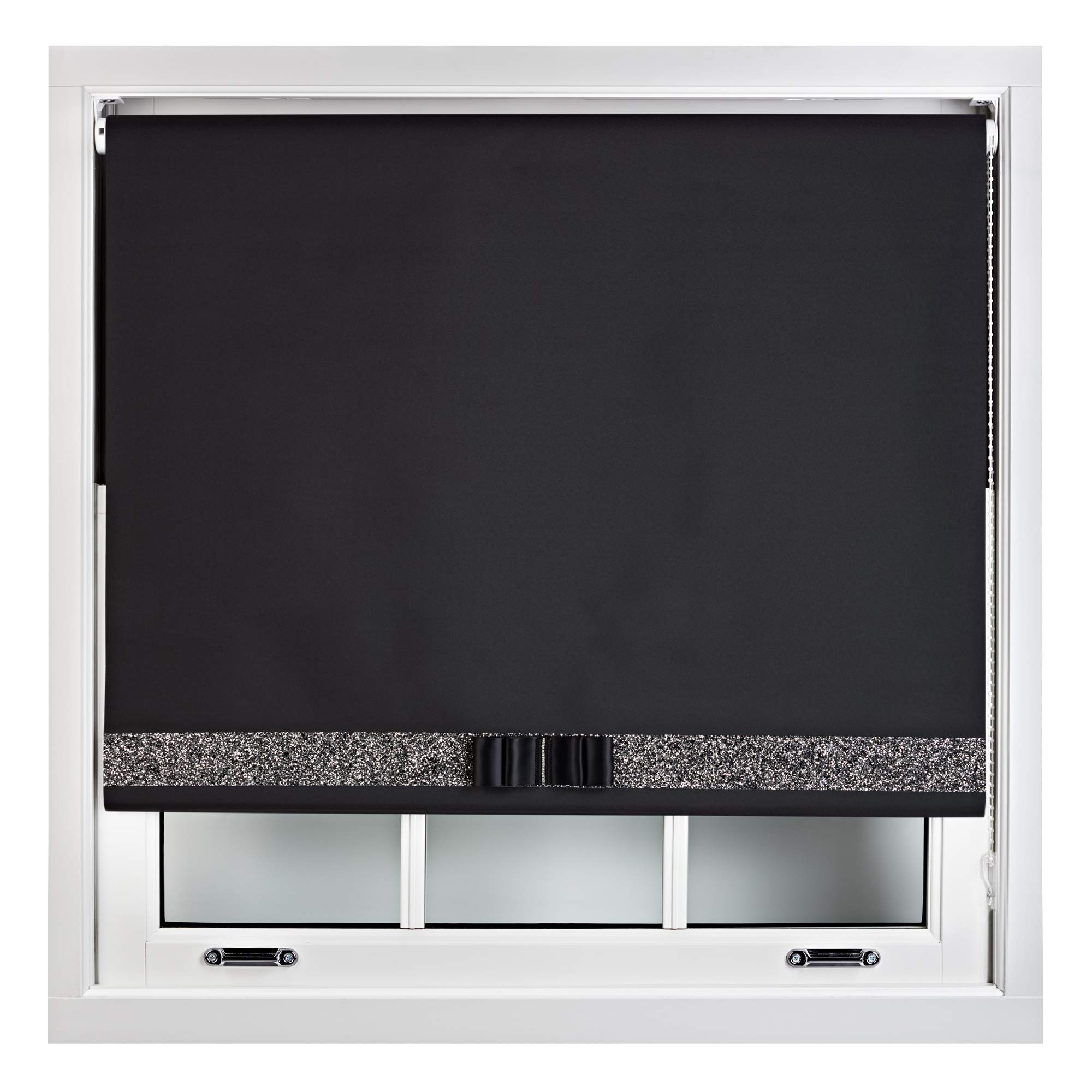 FURNISHED Blackout Roller Blinds Decorative Glitter Fabric & Bow - Trimmable - Black 130W x 165H cm