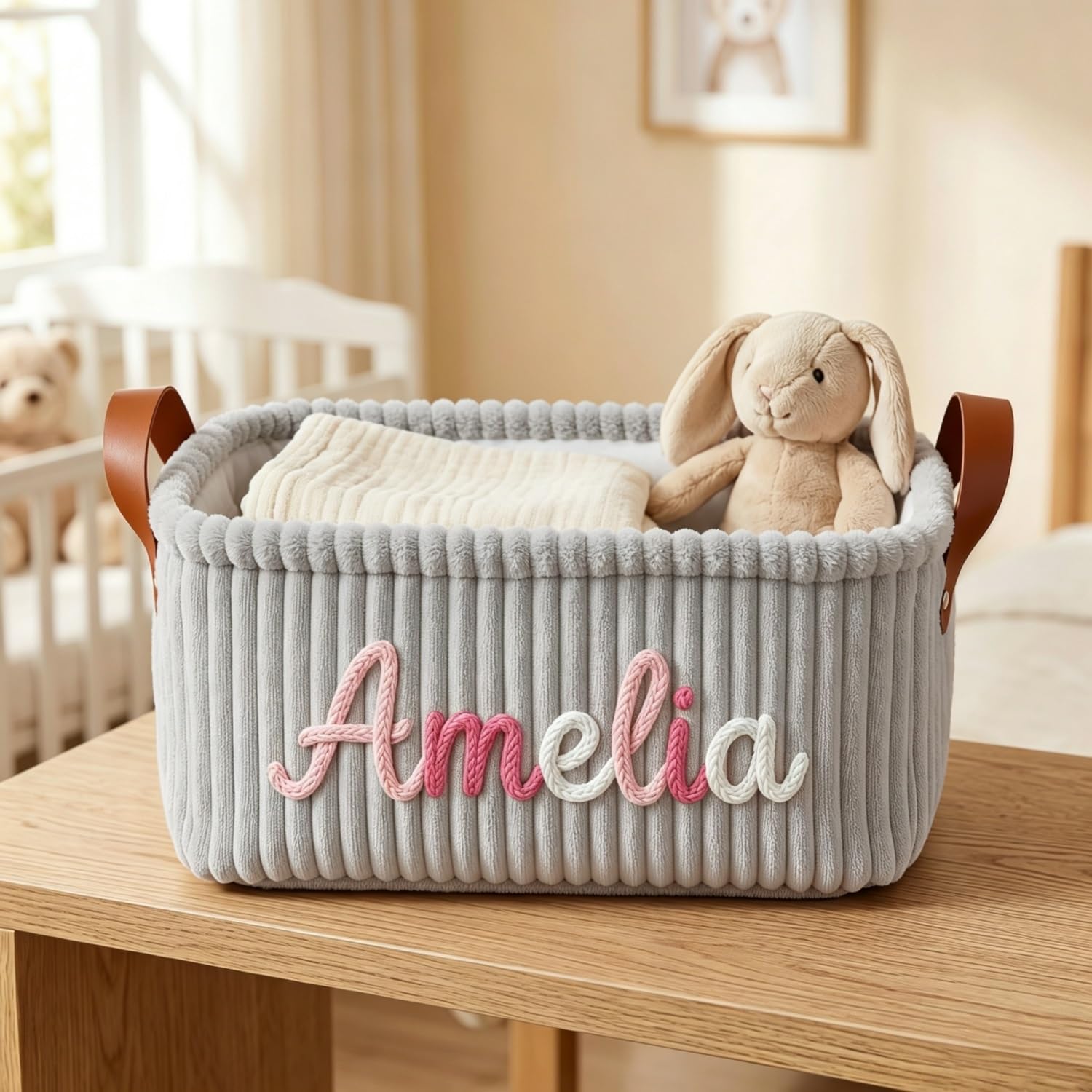 Bfbzyme Light Gray Personalized Corduroy Baby Basket Organizer, Custom Name Storage Bin For Nursery, Multi-Use Diaper Caddy & Newborn Clothes Box, Baby Shower Favors