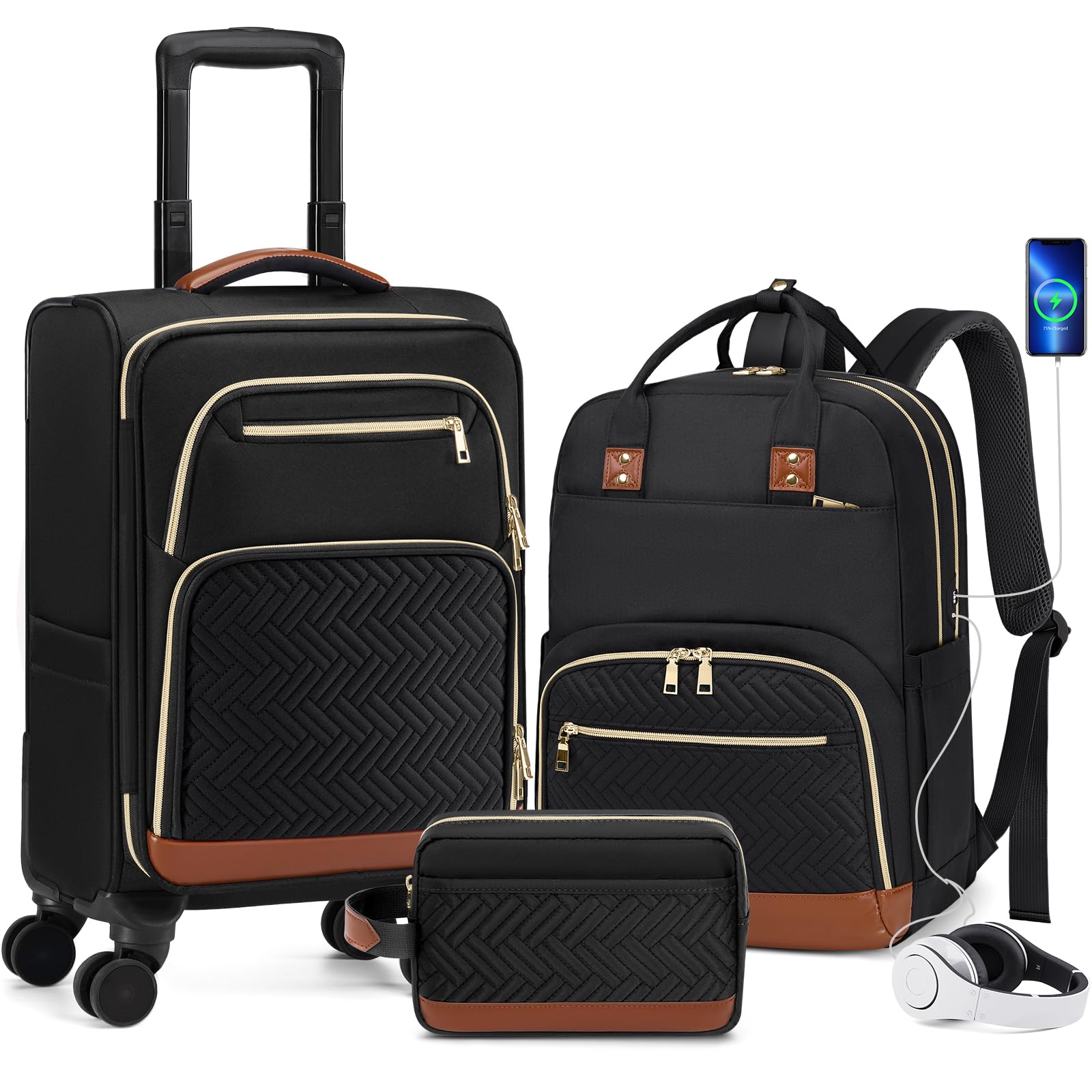 RAINSMORE Carry On Luggage 22x14x9 Airline Approved, 20 Inch Softside Suitcases with Wheels, 3 Piece Luggage Sets, Rolling Carry On Suitcase with TSA Lock for Travel Weekender image 2