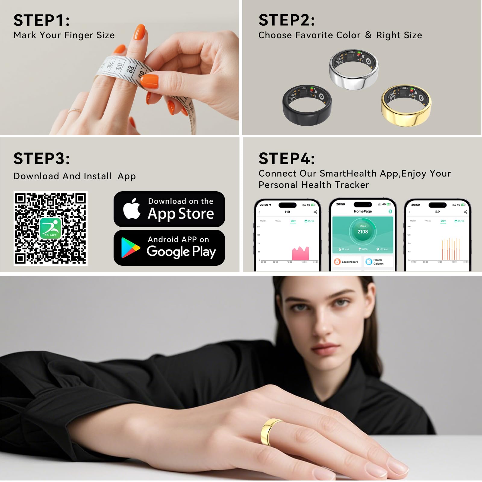 Smart Rings for Women Men,Fitness Tracker Ring,Heart Rate,Blood Oxygen,Blood Pressure,Step Tracker,Sleep Monitoring,No Subscription Fee,IP68 Waterproof FRAY Smart Ring for iPhone&Android(Gold 8)