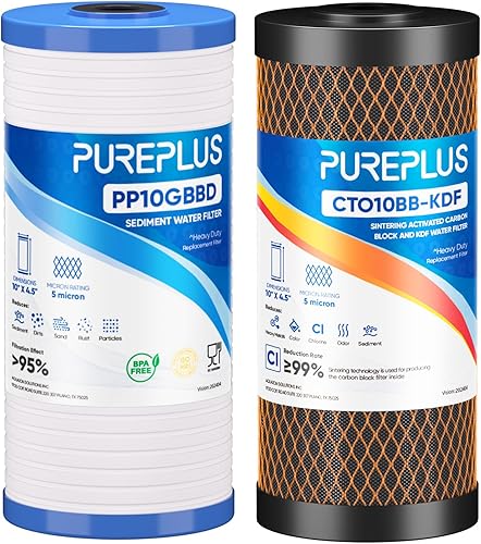 Miniatura 15 de PUREPLUS Combo de filtro de agua para toda la casa de 5 micrones, de 4.5 x 10 pulgadas, con sedimentos y filtro de bloque de carbón activado,
