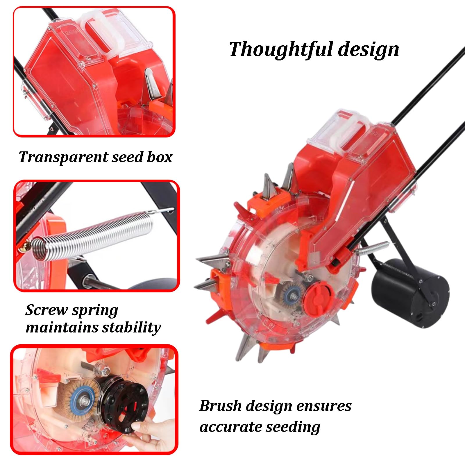 Semoir manuel, rouleau à pousser à la main pour semis et application d'engrais, profondeur réglable, design en acier inoxydable avec boîte à graines transparente pour différentes cultures