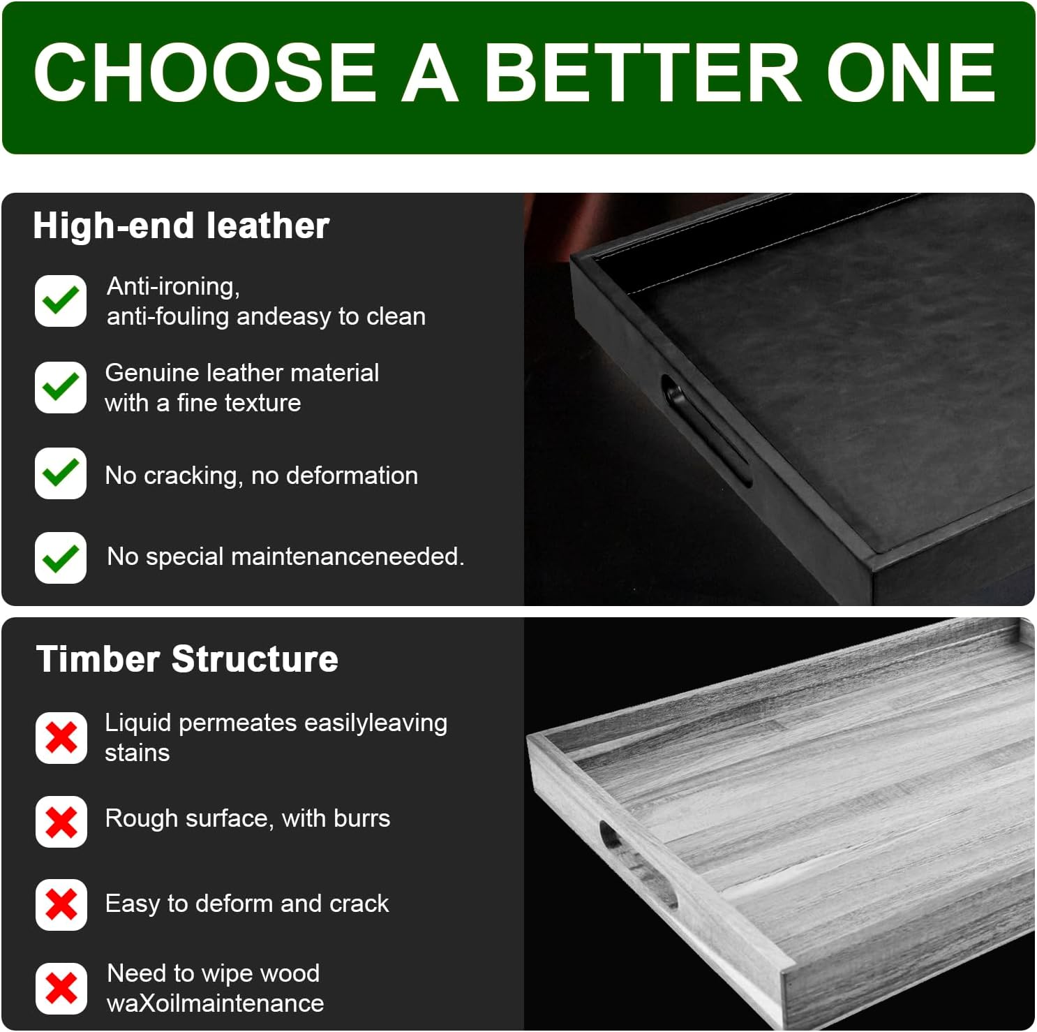 20 * 20 inches Leather Square Serving Tray with Hole Handles,High-End Light Large Service Tray for Ottoman Tray, Tea, Food, Butler - Countertop, Kitchen,Family Dinner, Picnic (Black) - Image 2