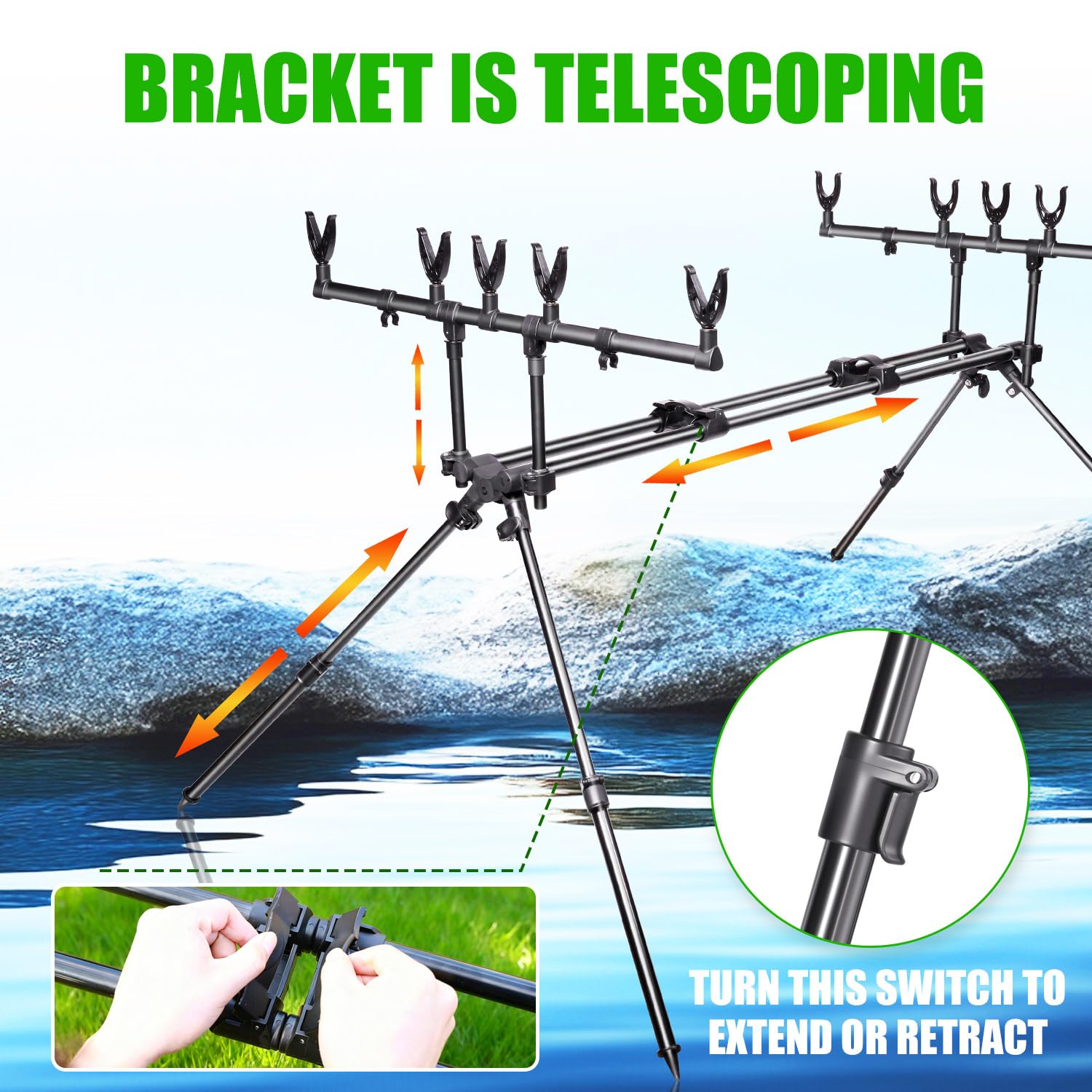 Yun Nong Support de canne à pêche à la carpe entièrement réglable en aluminium robuste pour canne à pêche à la carpe