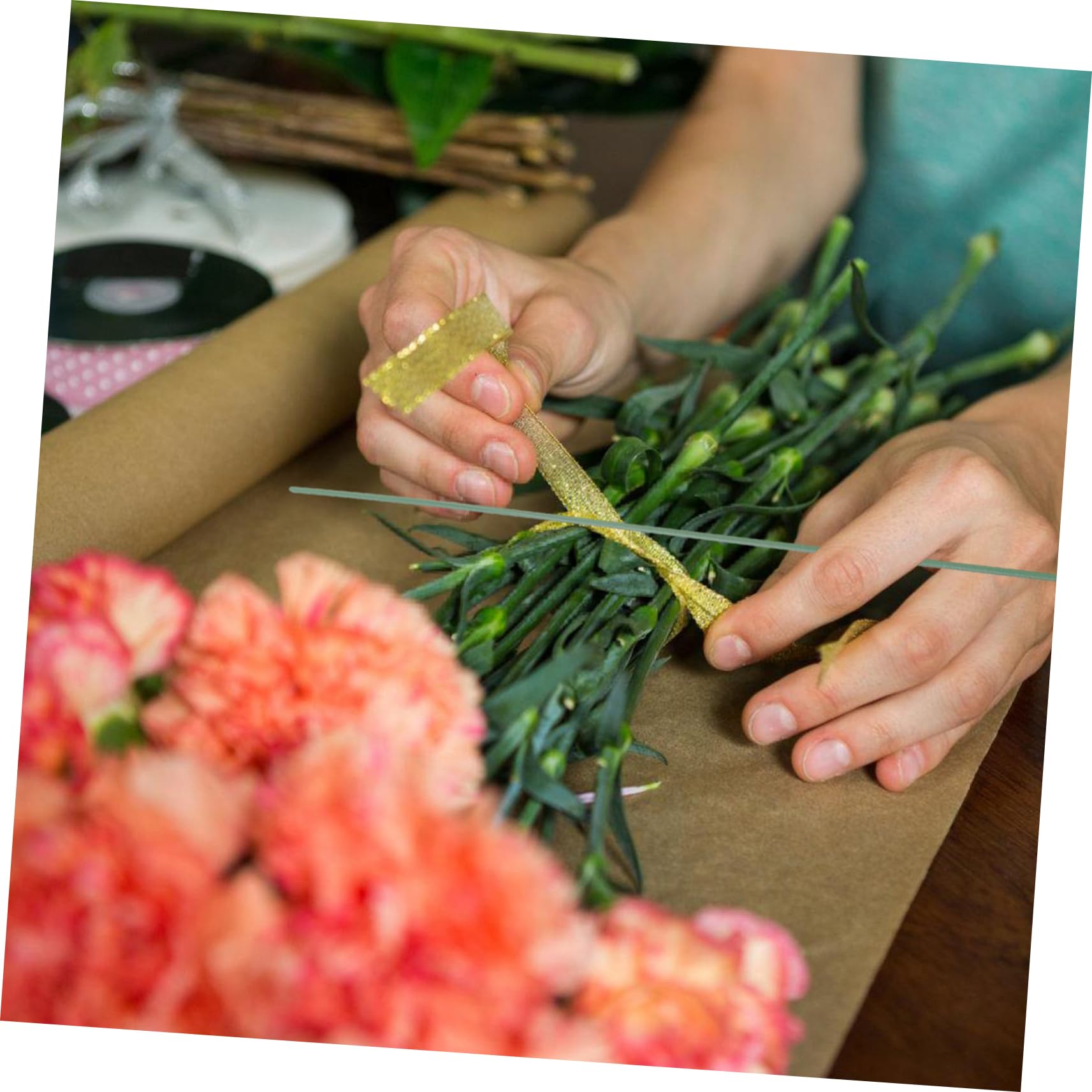 HAPINARY Metal Wire Flower Stems 100pcs Kit Green Floral Tape for DIY Floral Arrangements