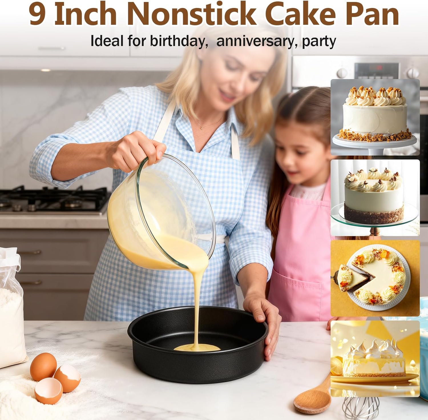 P&P CHEF 9 Inch Cake Pan Set of 4, 4 Pieces Nonstick Round Cake Baking Pans, Stainless Steel Smash Layer Cake Tin Bakeware for Cooking Steaming, Healthy & Sturdy, Oven & Dishwasher Safe