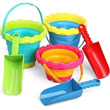 Castle Jumbo 3L Foldable Beach Sand Buckets Toy Set with 9 Inch Rake Shovels Spade, Silicone Collapsible Pails, Sandbox Kit Camping Traveling Garden Tool, Beach Essential for Vacation Kids Adults