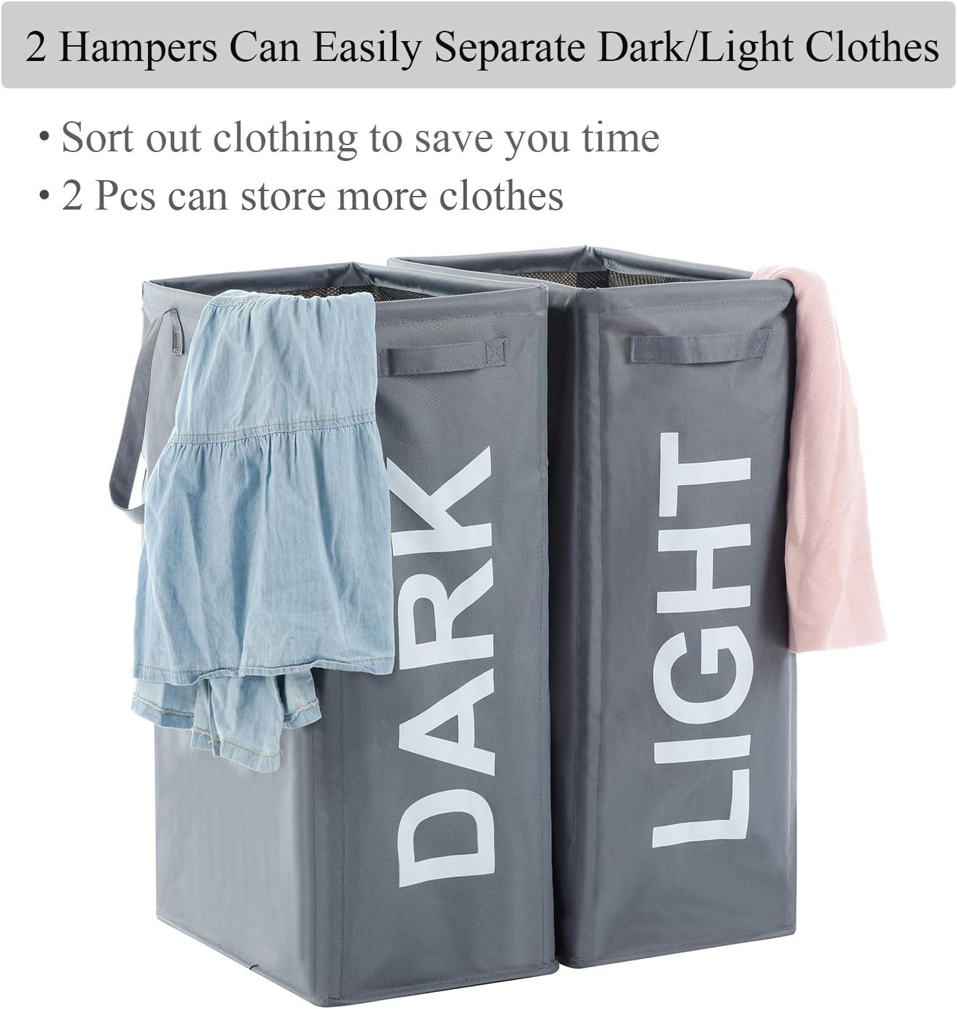Haundry 2 Pack Light Dark Laundry Hamper with Extended Handles, 2 PCs Tall and Slim Separator Laundry Baskets, Large Foldable Laundry Organizer for Clothes, Gray
