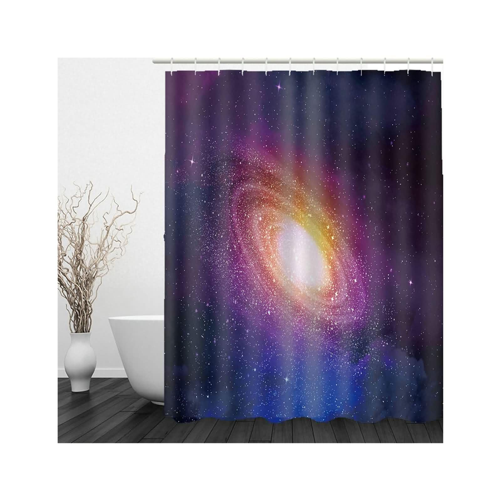 Rideau de douche textile bleu violet motif univers en polyester lavable 180x200 cm avec anneaux