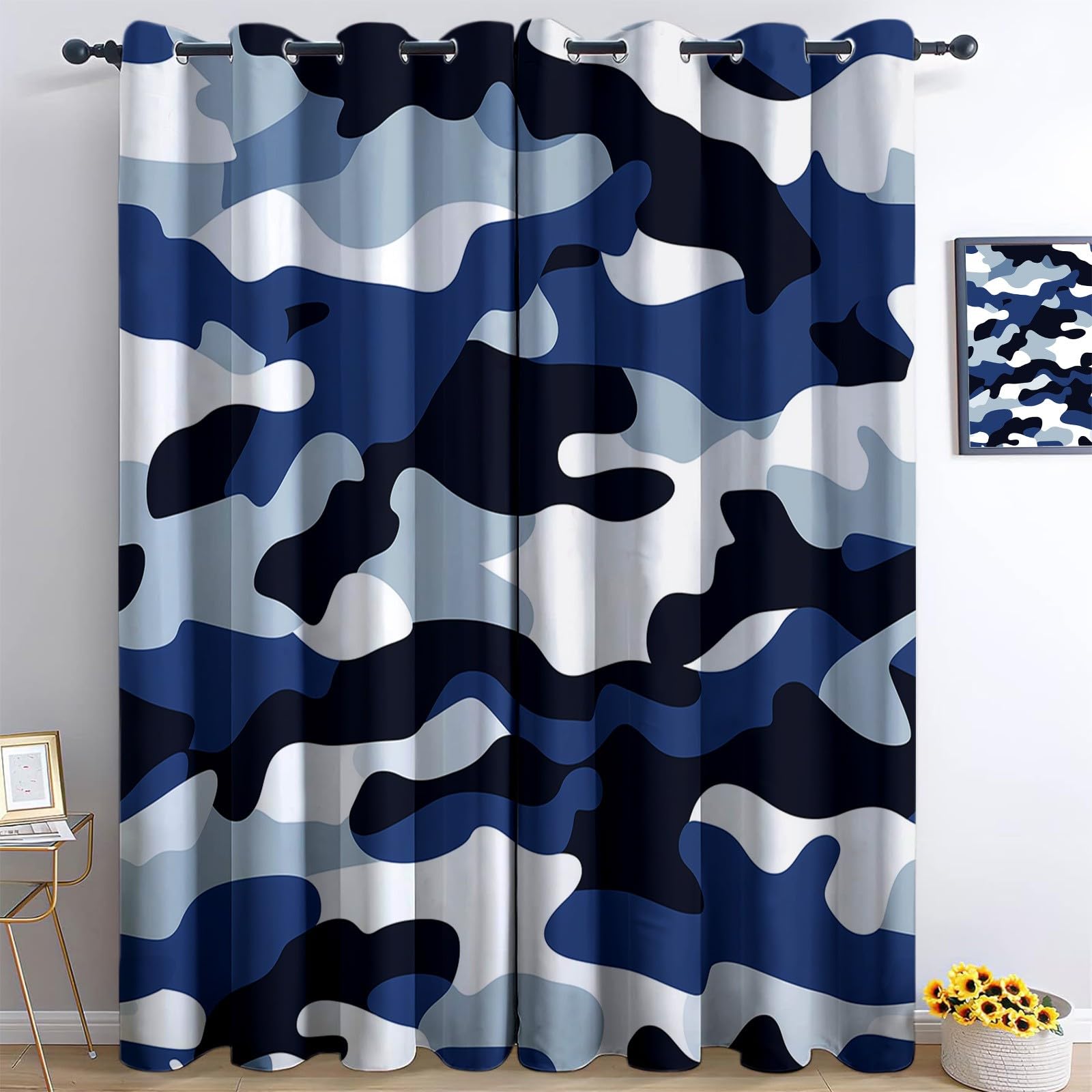 Rideau occultant bleu anti-chaleur et froid rideaux opaques camouflage 140x225