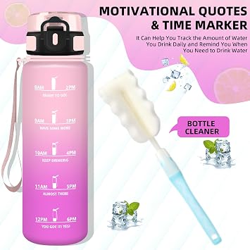Trinkflasche 1l Trinkflasche Sport Auslaufsicher Wasserflasche mit Motivierendem Slogan Wasserflasche mit Schwammbecherbürste Leicht zu Reinigen Water Bottle für Fitness Schwimmen Triathlon