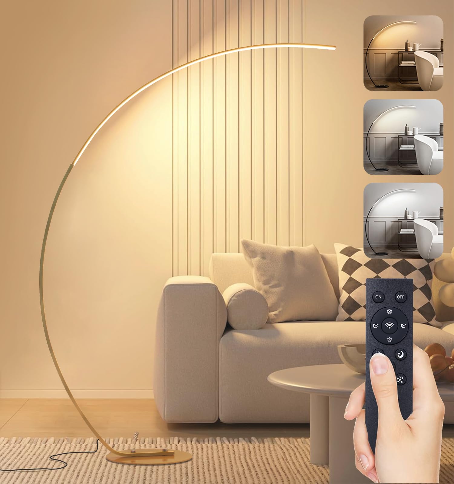 Lampada A Terra Ad Arco Con Base In Marmo Rame E Paralume In Cotone Nero – Moderna E Design