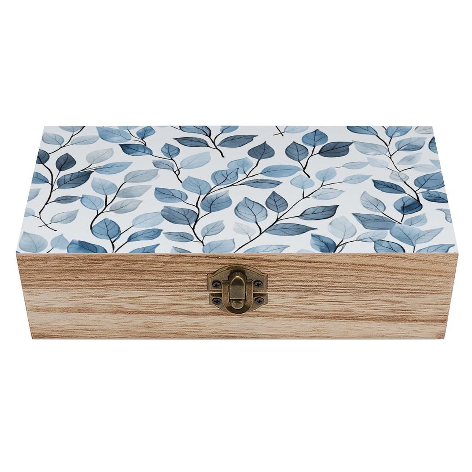HLBSDM Blue Leaves Vintage Wooden Keepsake Box with Hinged Lid And Locking Clasp, Decorative Storage Box for Jewelry, Trinkets And Small Accessories, Organizer for Home Or Wedding