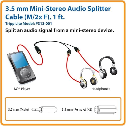 Miniatura 3 de Tripp Lite Adaptador de cable estéreo mini de 0.138 in y divisor en Y para altavoces y auriculares (M a 2 x F) 1 pie (P313-001)