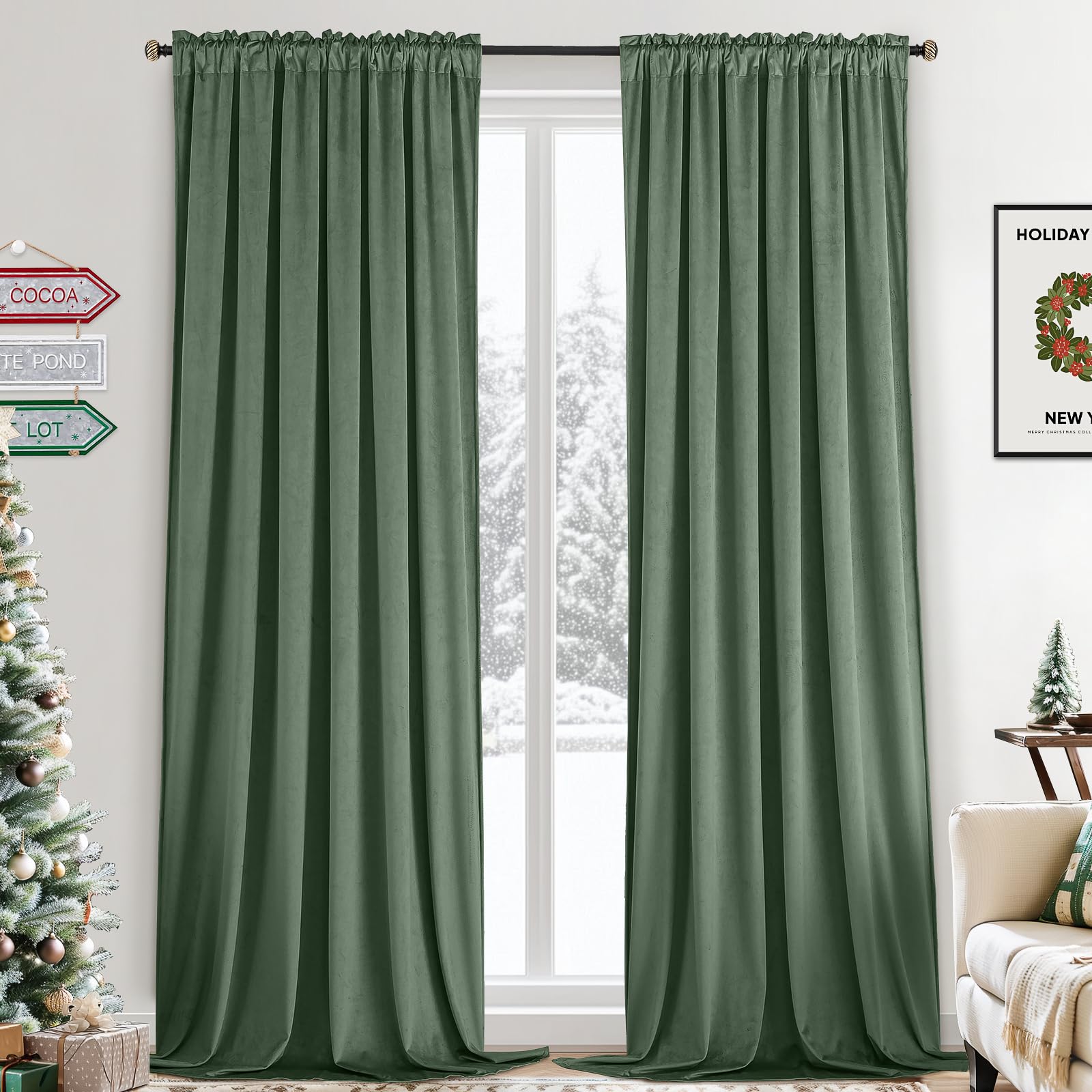Yakamok Nursery Sunlight Velvet Curtains - Elegant Interior Decoration Large Window Blackout Velvet Drapes for Living Room, 52 x 96 Inches Long, Sage