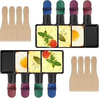 ipow Lot de 8 Poelon Raclette Carré à Revêtement Anti-adhésif,Coupelle Raclette Barbecue avec Poignée Colorée Isolée pour Fromage Fondu Oeuf Frit,Accessoires avec 8 Pcs Grattoirs en Bois