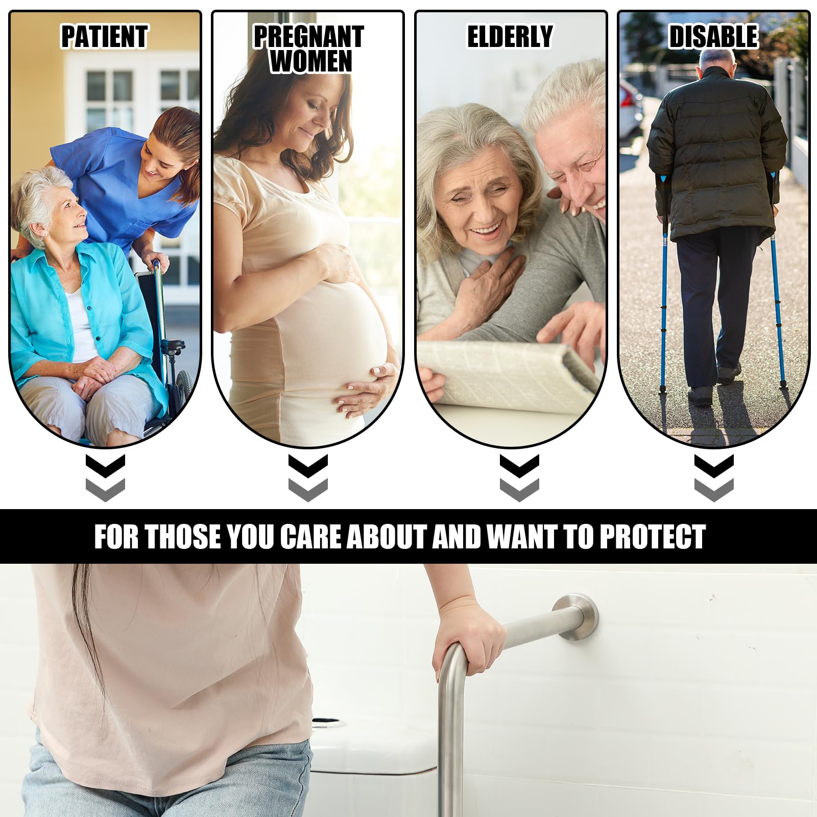 Zonon Maniglia di sicurezza da parete a pavimento, 61 x 83,8 cm, fontanelle in acciaio inox spazzolato, antiscivolo, design diviso, per bagno aree umide, disabili, anziani, donne incinte