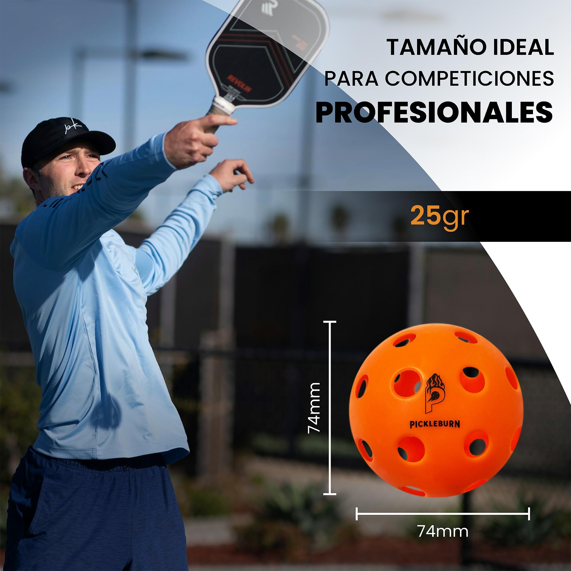 BurnCourt 40 - Bolas Pickleball Naranja Neón Pack de 6 Pelotas para Juego Exterior Outdoor 40 Agujeros Rebote Alto y Preciso con Bolsa y Pickers para Todos los Niveles