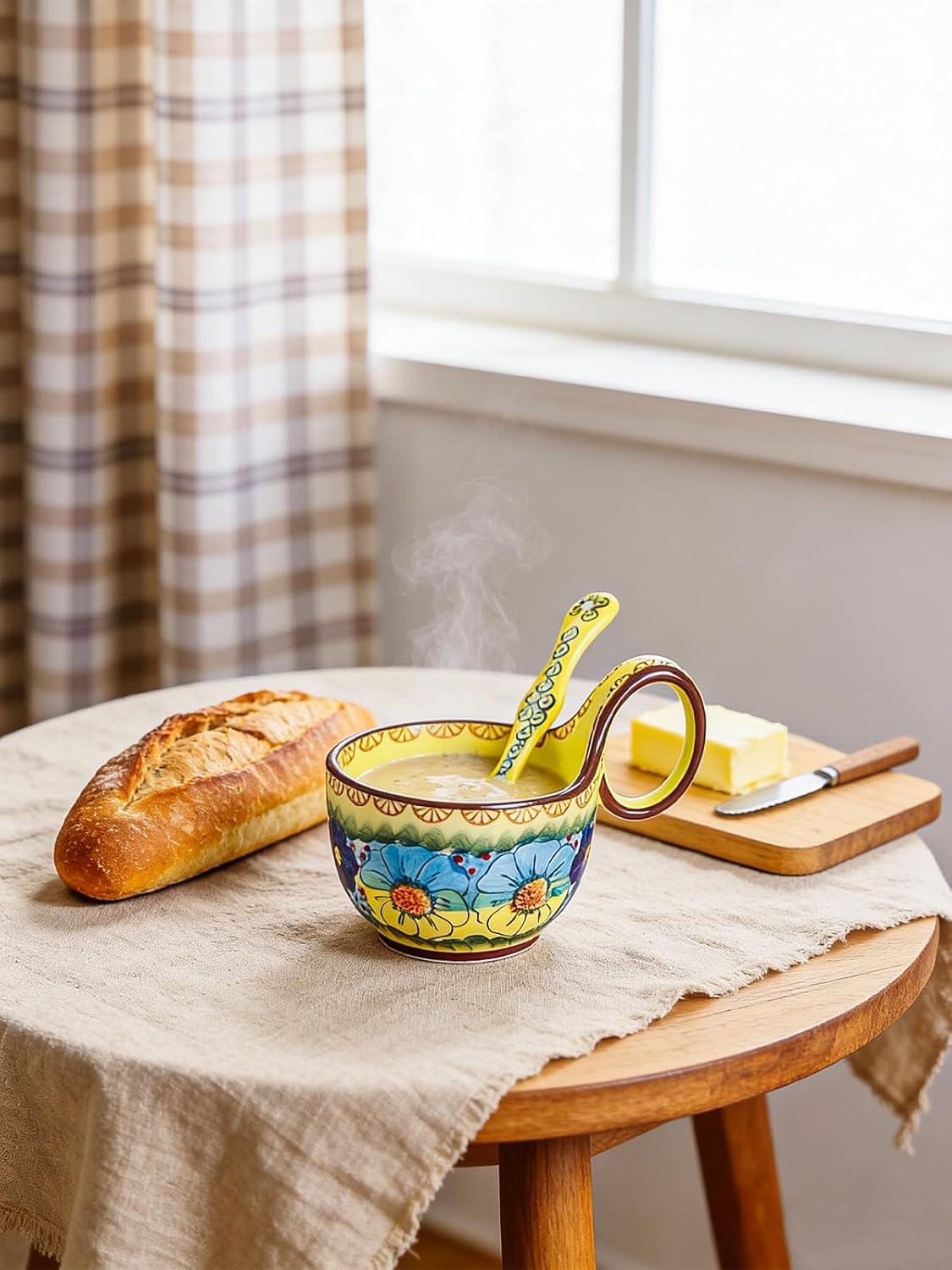 16 OZ Polish Style Ceramic Hand Painted Soup Mug Bowl, Glazed Yellow