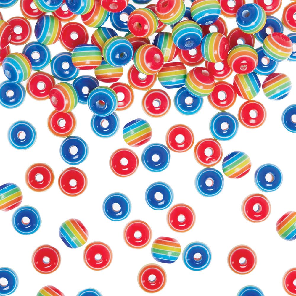 Baker Ross VC214 Rainbow Striped Beads - Pack of 100, Rainbow Stripe Craft Beads
