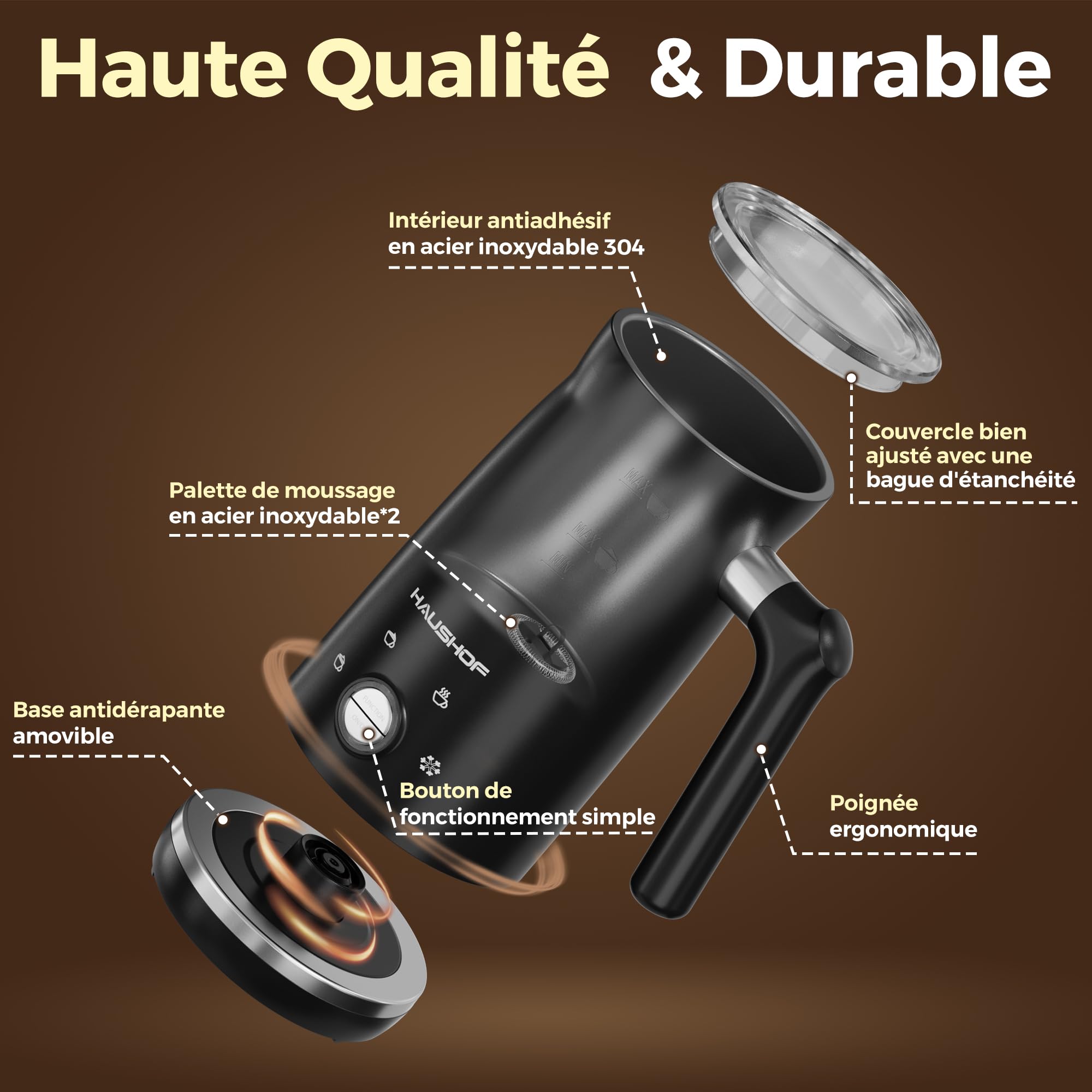 HAUSHOF Mousseur à Lait Électrique 4 en 1 Automatique avec Température