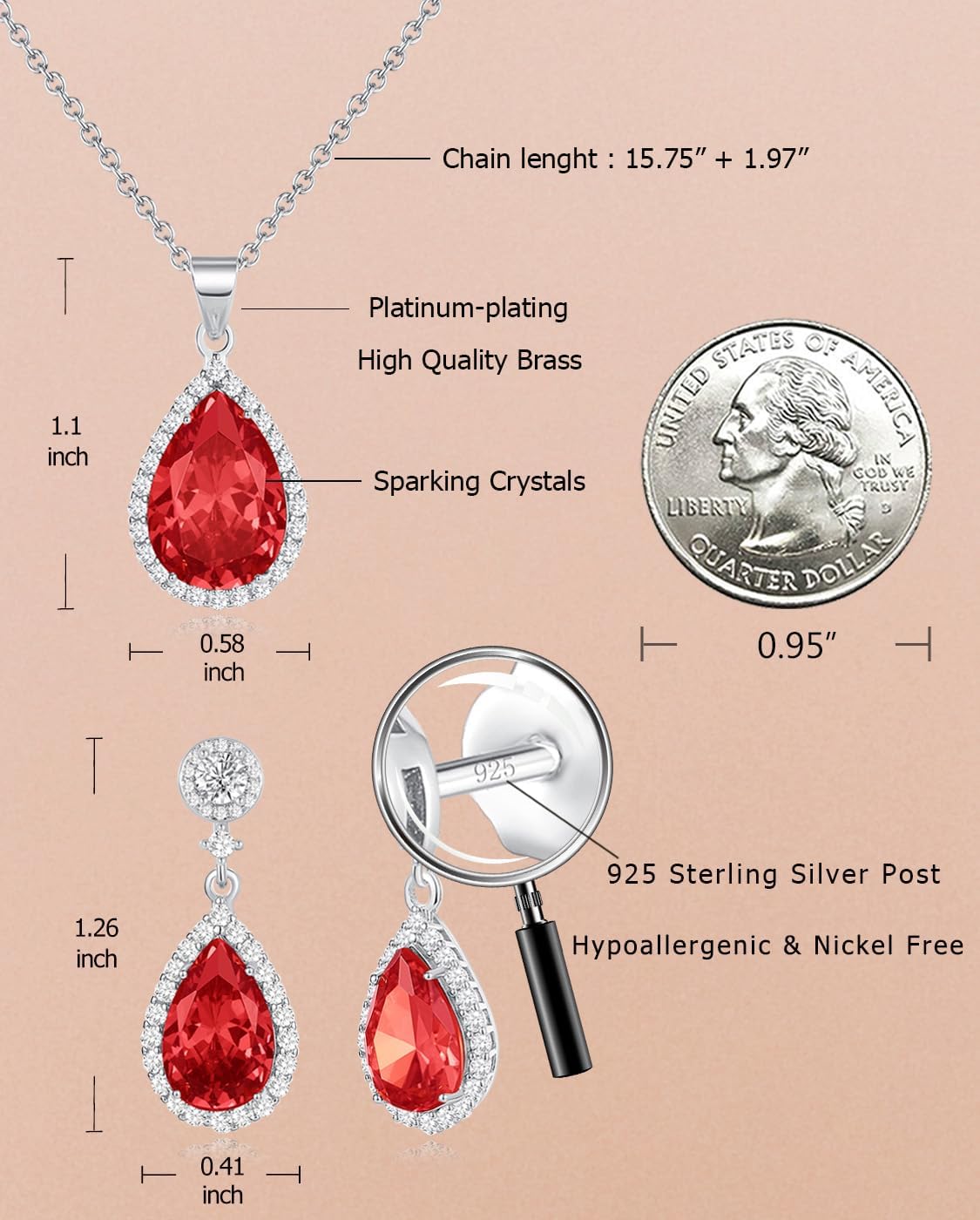 Jewelry Sets For Women 925 Sterling Silver Post Teardrop Dangle Stud Earrings Necklace Set Crystal Rhinestone Wedding Prom Costume Jewelry for Women - Image 3