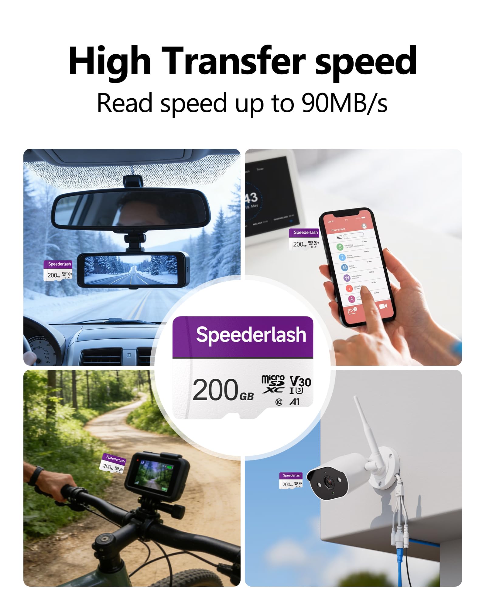 Speederlash Carte Micro SD 200 Go avec adaptateur, A1, U3, vitesse de lecture jusqu'à 95 Mo/s, carte mémoire haute vitesse pour caméras, drones, smartphone, tablette