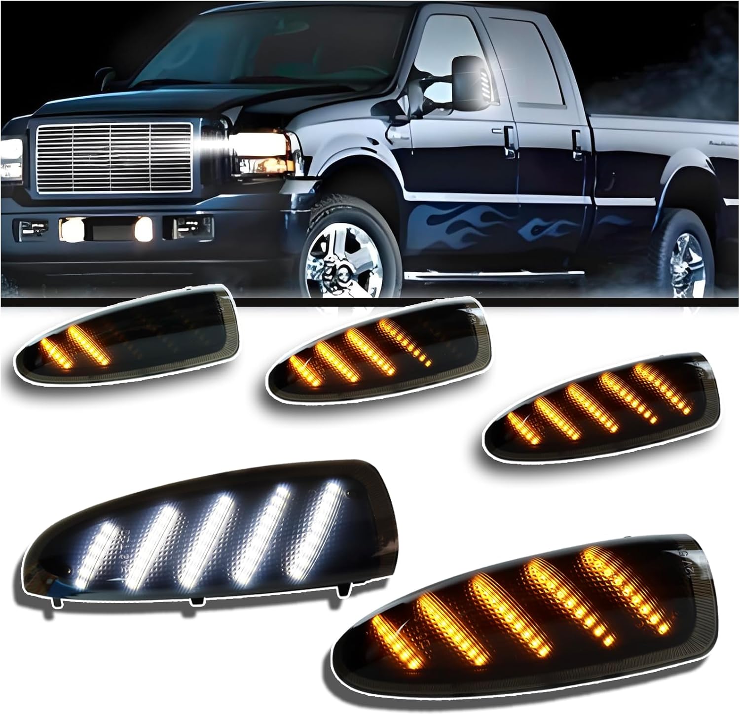 Smoke LED Side Mirror Marker Lights Kit for Ford F250 F350 F450 F550 F650 Super Duty 2003-2007 Switchback White DRL & Sequential Amber Side Marker Turn Signals | Direct Replacement Assembly
