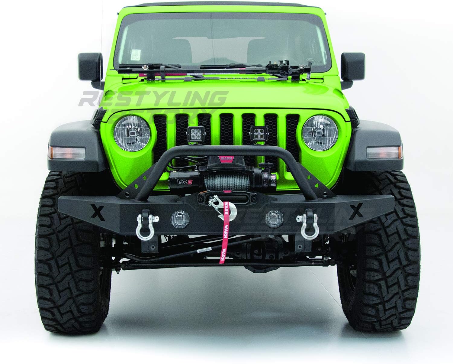 -Black Textured Rock Crawler X Front Bumper With Fog Lights Hole & 2x D-Ring & Winch Plate for 2018-2021 Wrangler JL (Black)