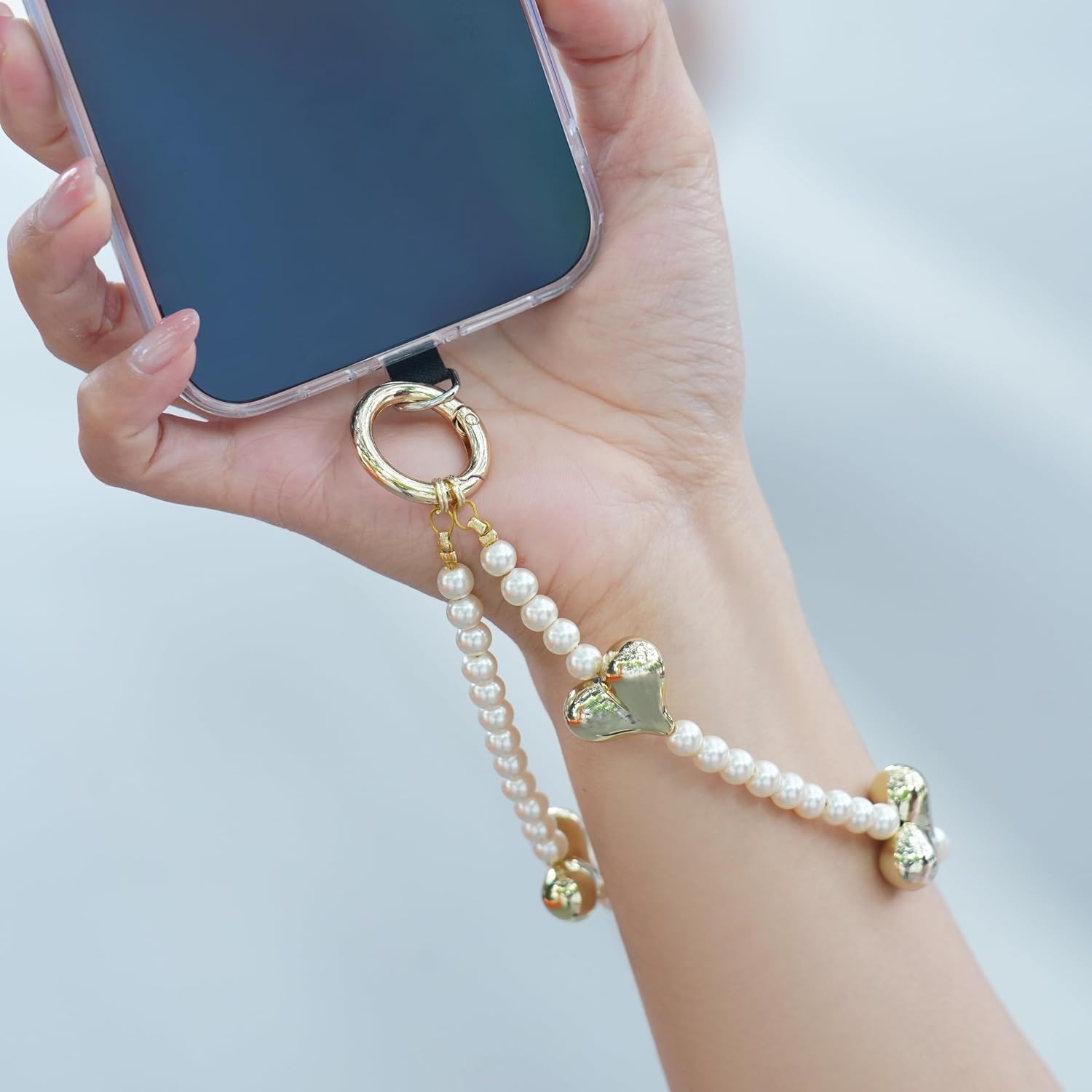 Phone Wrist Strap Pearl Beaded Chain Wristlet Gold Heart Charms image 4