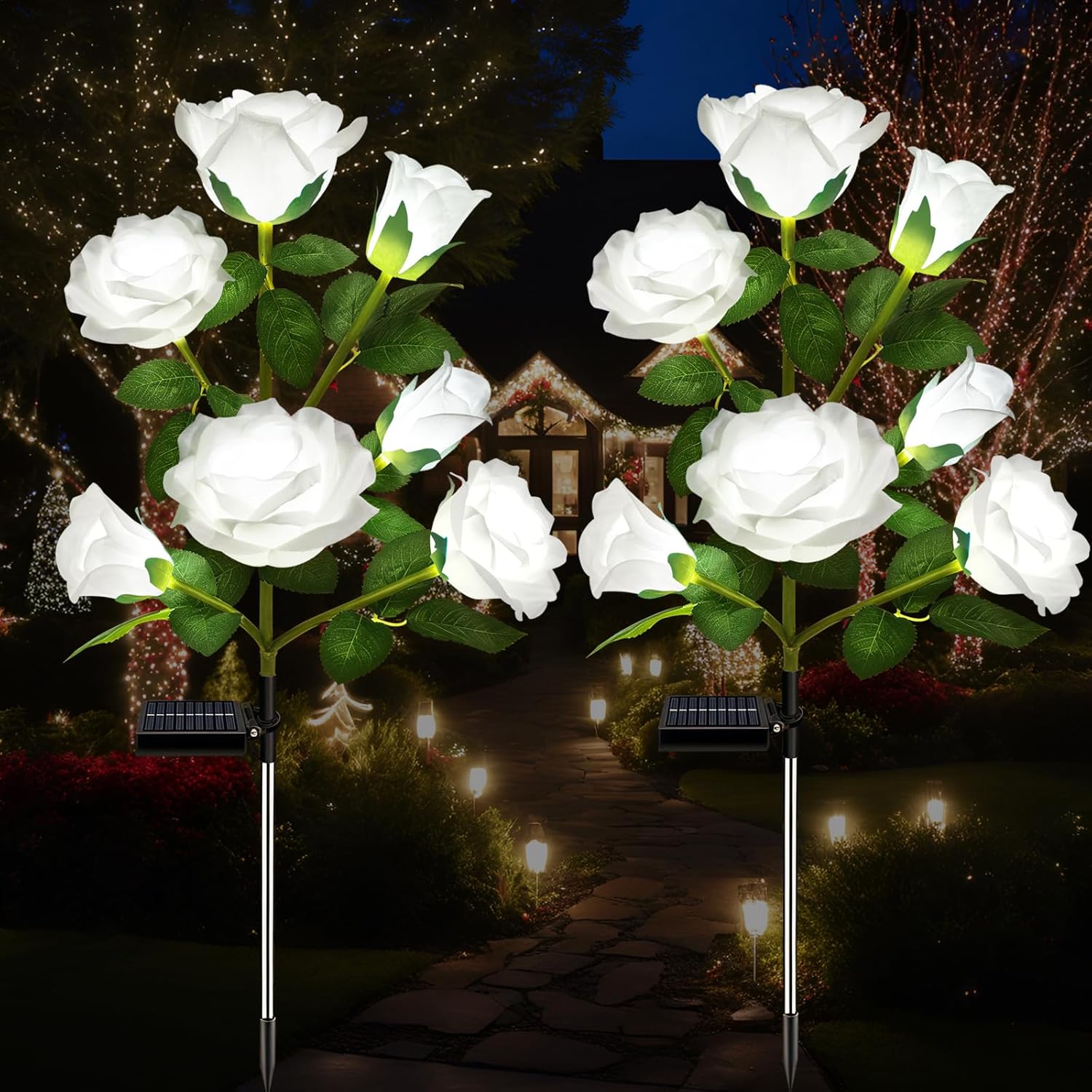 DWH 2 Pack Solar Garden Lights Outdoor, 7-Flower Rose LED Stake Light for Yard Patio Pathway Lawn Fence Cemetery, White