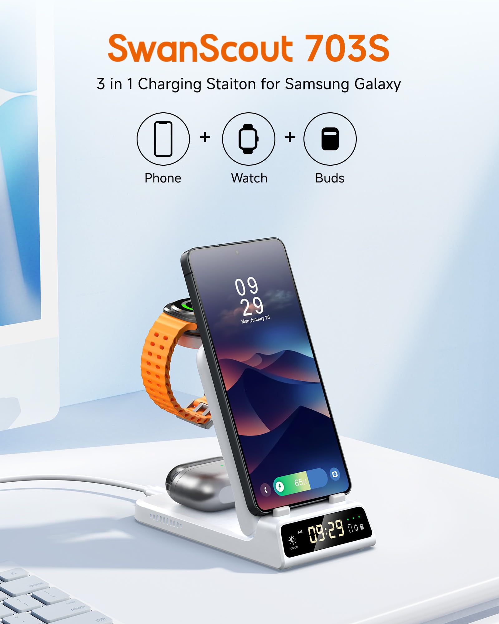 Bezprzewodowa Stacja Ładująca dla Samsung S26 Ultra/S26+, 3 w 1 Wireless Charger for Galaxy S26/S25/S24/S23, Charger Dock for Galaxy Watch 8/8 Classic/Ultra/7/6/5/4/3, Galaxy Buds 4/4 Pro (No Adapter)