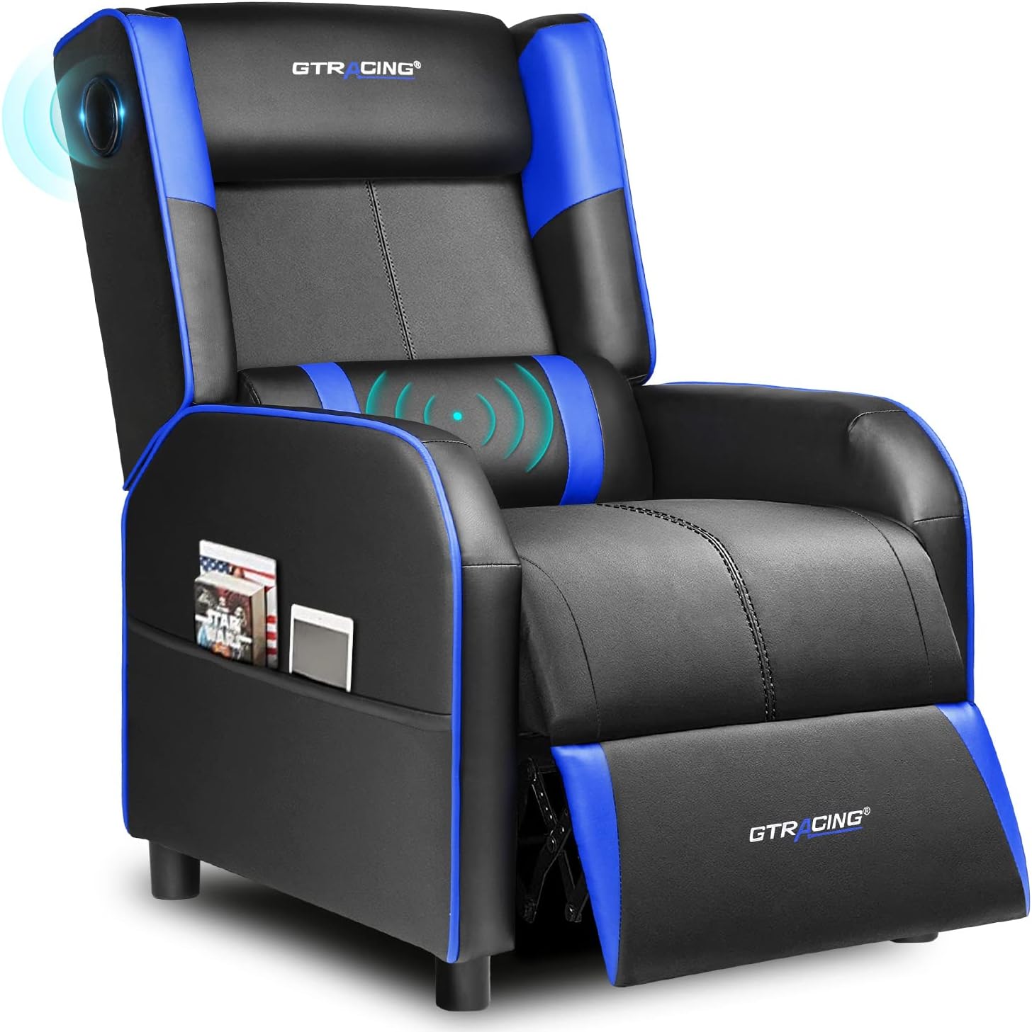 GTRACING Gaming Recliner Chair with Bluetooth Speakers Racing Style Single Gaming Sofa Modern Living Room Recliners Ergonomic Comfortable Massage Home Theater Seating, Blue