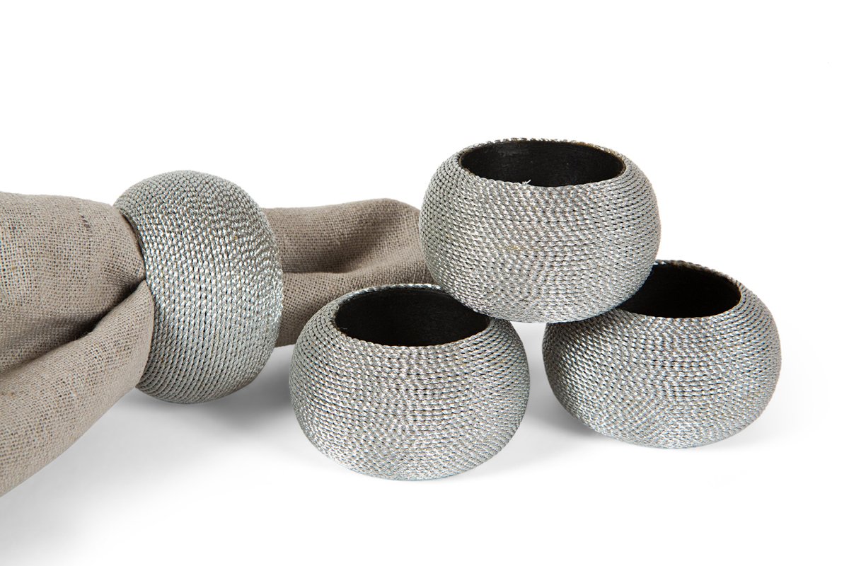 Manor Luxe Cord Wrapped Plastic Napkin Rings, Set of 4, Silver