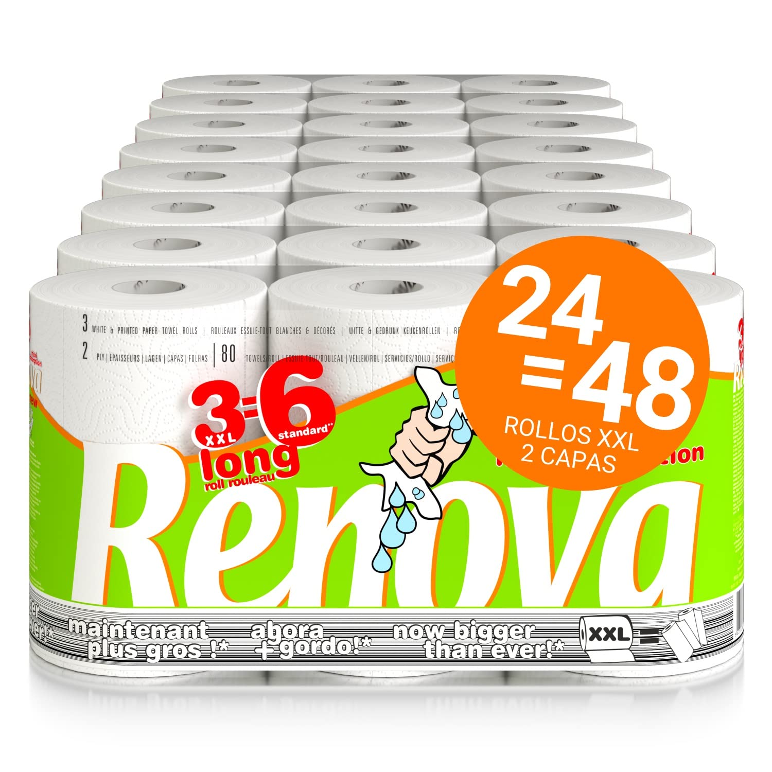 RENOVA Rollos de Cocina Max Absorption XXL Decorados - 24 Rollos | 24 rollos XXL, triple tamaño estándar, 24=48 Rollos, 2 capas, resistentes incluso mojados, extracción desde núcleo central