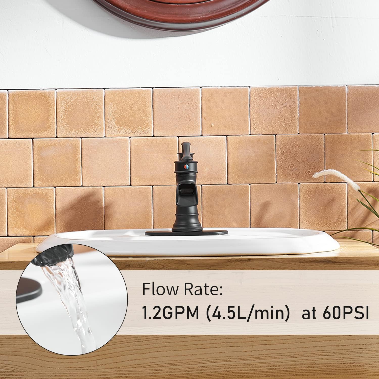 BWE Waterfall Bathroom Faucet Matte Black Bathroom Sink Faucet with Pop Up Drain Single Handle Deck Plate for 1 or 3 Hole Vanity Farmhouse Mixer Tap Fits All States, California 1.2 GPM Standard