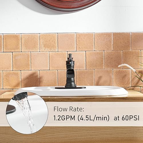 Miniatura 2 de BWE Grifo de baño en cascada negro mate con drenaje desplegable con placa de cubierta de una sola manija para tocador de 1 o 3 agujeros, grifo
