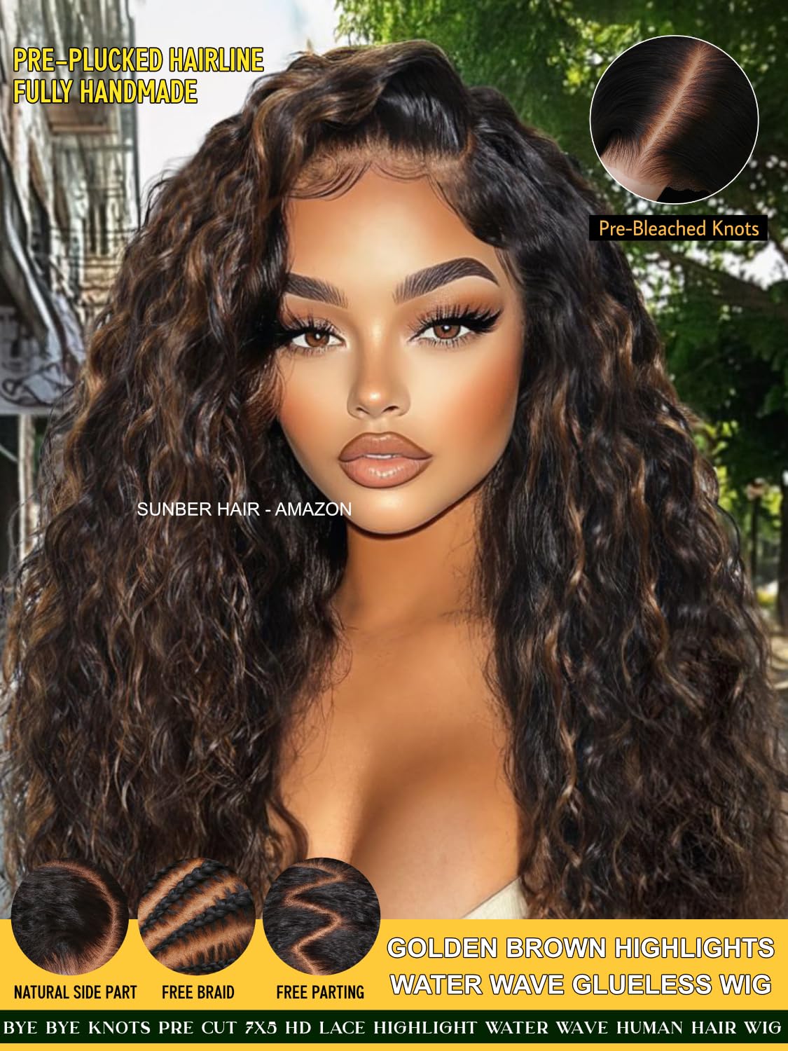 Sunber Water Wave Black Wig With Golden Brown Highlights Natural Black Wig Bye Bye Knots Pre Cut 7x5 Lace Glueless Water Wave Human Hair Wig 150% Density Put On Go Pre Bleached Invisible Knots 22Inch
