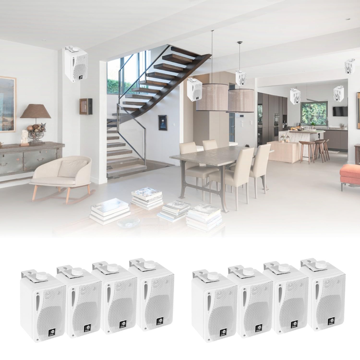 LTC - Pack HiFi Ampli Bluetooth Stéréo USB SD MFA1200USB-BT-BL 2x50W - 4 Paires Mini Enceintes B416 Blanches 80W - Restaurant Commerce