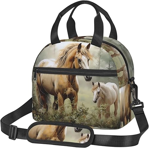 Bolsa de almuerzo con estampado de caballos y animales para mujeres y hombres, lonchera aislada con correa ajustable para el hombro, lonchera