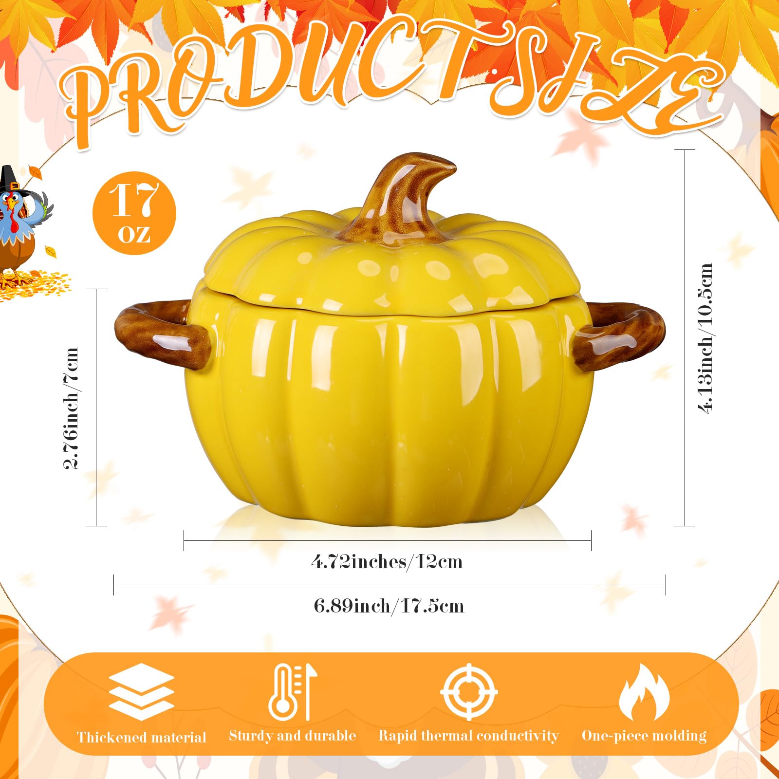 Uiifan Lot de 2 bols à citrouille en céramique de 500 ml pour la cuisine - Marmite mignonne sans danger pour la citrouille avec couvercle à double oreille pour Thanksgiving, automne, pâtisserie,