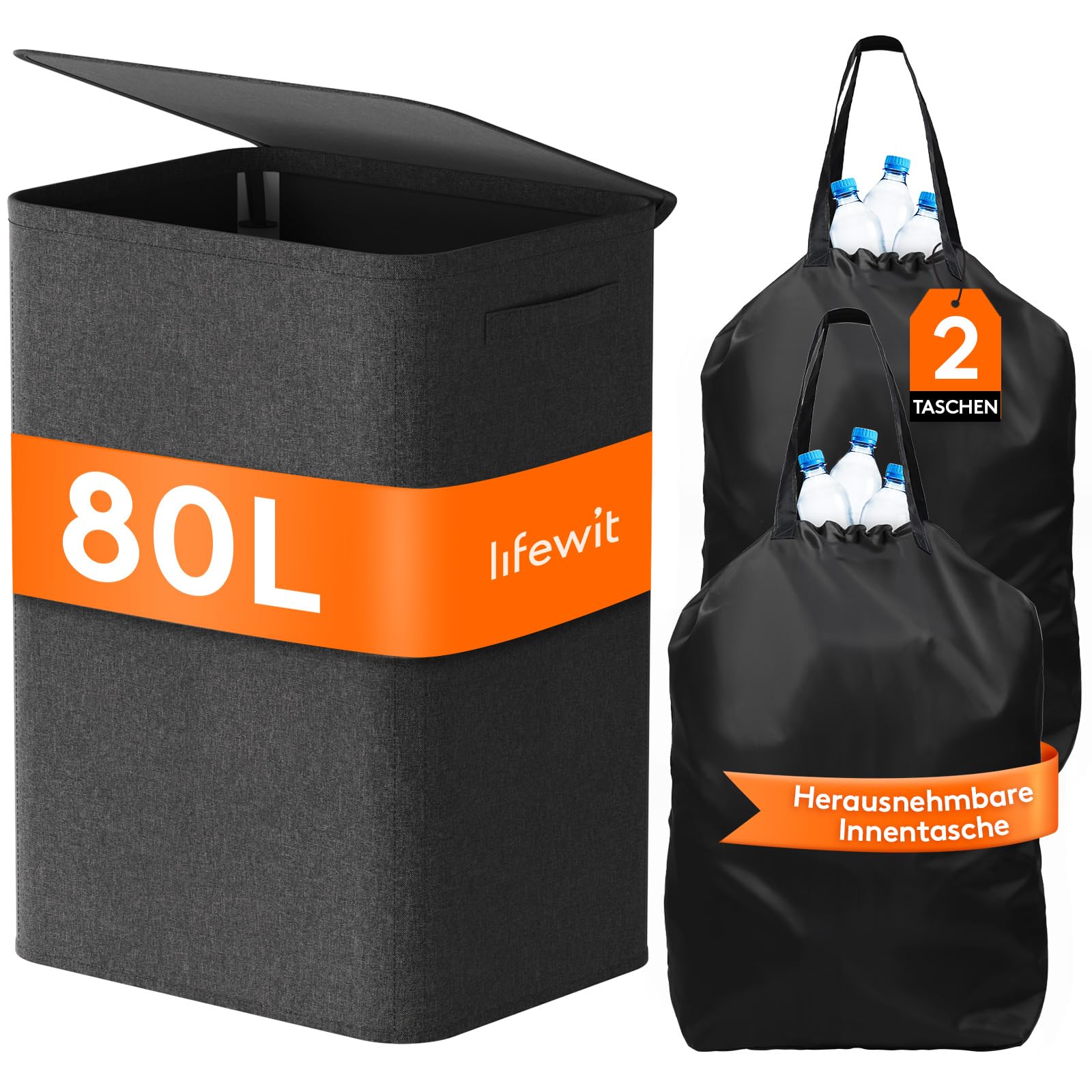 Lifewit 80L Pfandflaschen Sammelbehälter mit Deckel, faltbar und wasserdicht mit Griffen, Groß Flaschensammler mit 2 Flaschentasche, Flaschensammler mit Loch Küche Abstellraum Flaschentasche, Schwarz