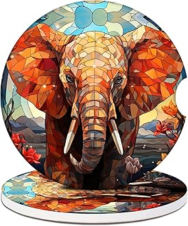 Car Cup Holder Coasters - Colorful Elephant Art Absorbent Ceramic Coaster 2 Pack, Anti Slip Car Coasters for Cup Holders, Fashion Car Interior Accessories Drink Coaster for Women & Men